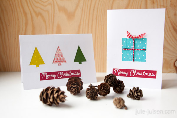 Weihnachtskarten aus Papier mit Tannenbaeumen bzw. Geschenkbox aus washitape darauf