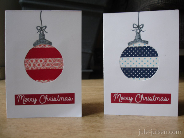 Weihnachtskarten aus Papier mit Weihnachtskugeln aus Washi Tape darauf